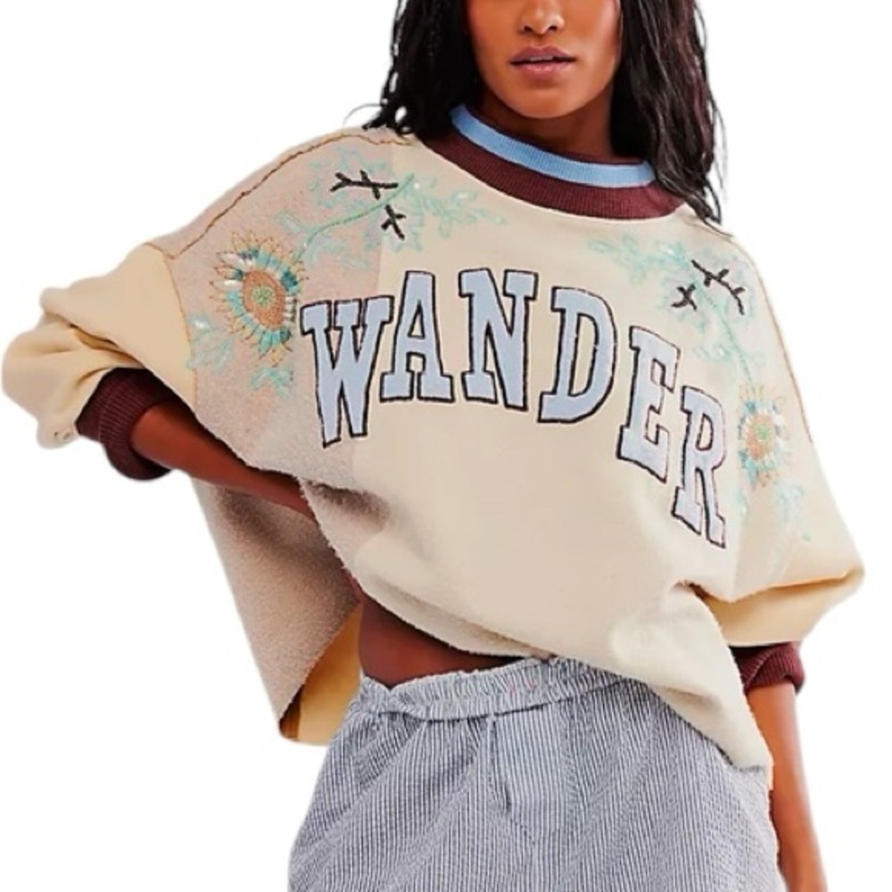 Free People Bali Day Dreams Wander Beaded Patchwork Crew Pullover Sweatshirt | M